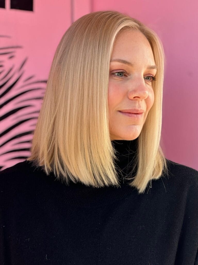 Blonde platinium NYC straight bob haircut by blonde specialist Color And Andy